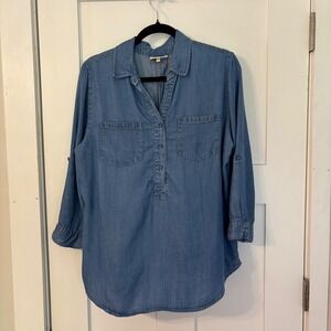 Hester & Orchard Womens Blue Tencel Chambray Roll Tab Sleeve Tunic Top Soft Sz M